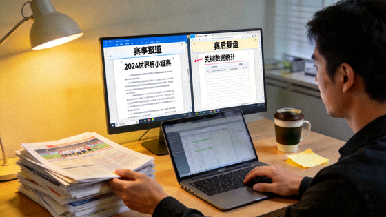 体育资讯编辑整理赛事报道与赛后复盘内容的场景
